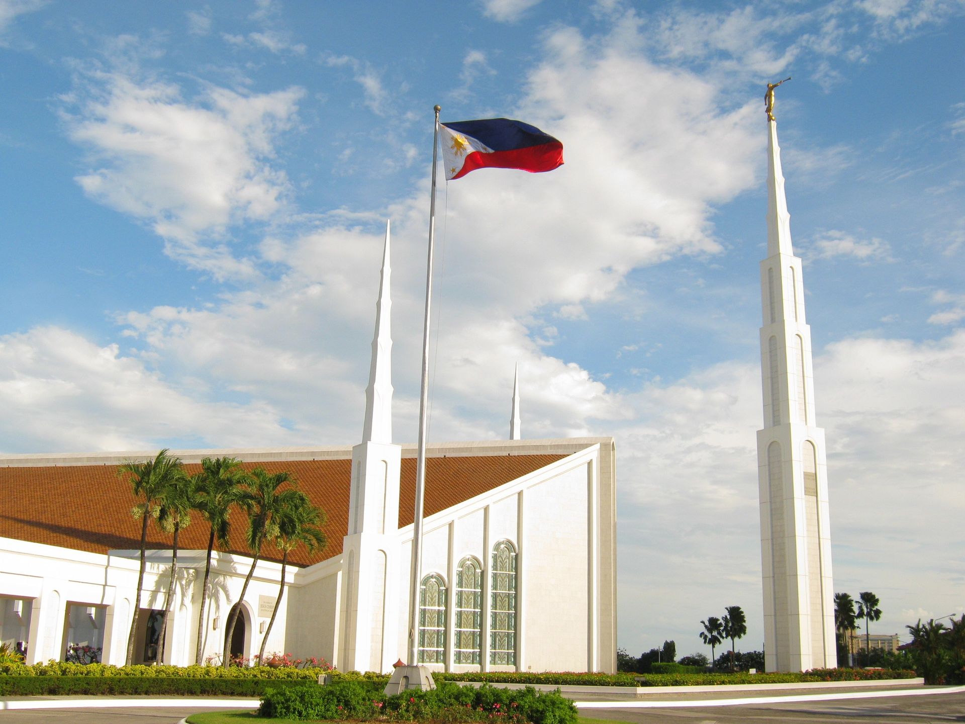 The Manila Philippines Temple, including the entrance and spires.