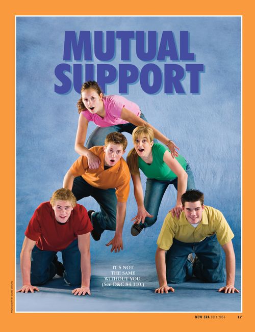 An image of youth kneeling in a pyramid formation with an individual missing from the bottom row, paired with the words “Mutual Support.”