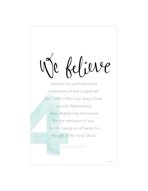 A white background with a large number 4 printed in green, paired with the words of Articles of Faith 1:4.
