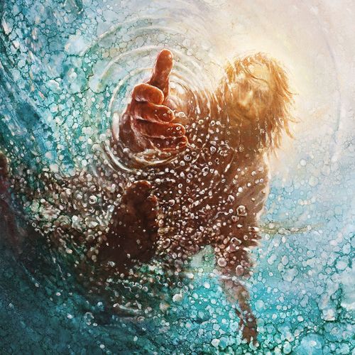 Jesus sträcker sig ner genom vattnet