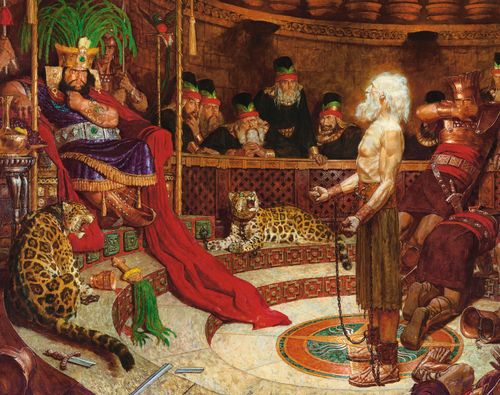 The Book of Mormon prophet Abinadi preaching before King Noah and the wicked priests. Abinadi is bound in chains. Scriptural reference: Mosiah 12:18-37, 13:1-9