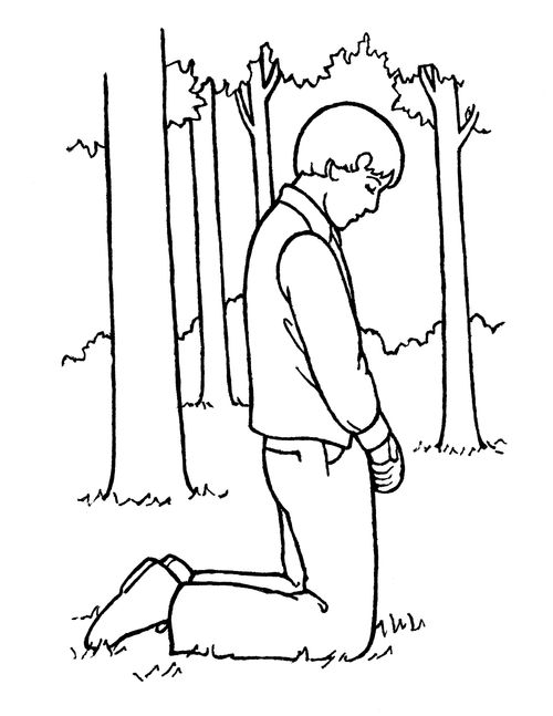 Ilustración de José Smith orando en la Arboleda Sagrada antes de la Primera Visión, del Manual de la guardería “Mirad a vuestros pequeñitos”, 2008, página 91.