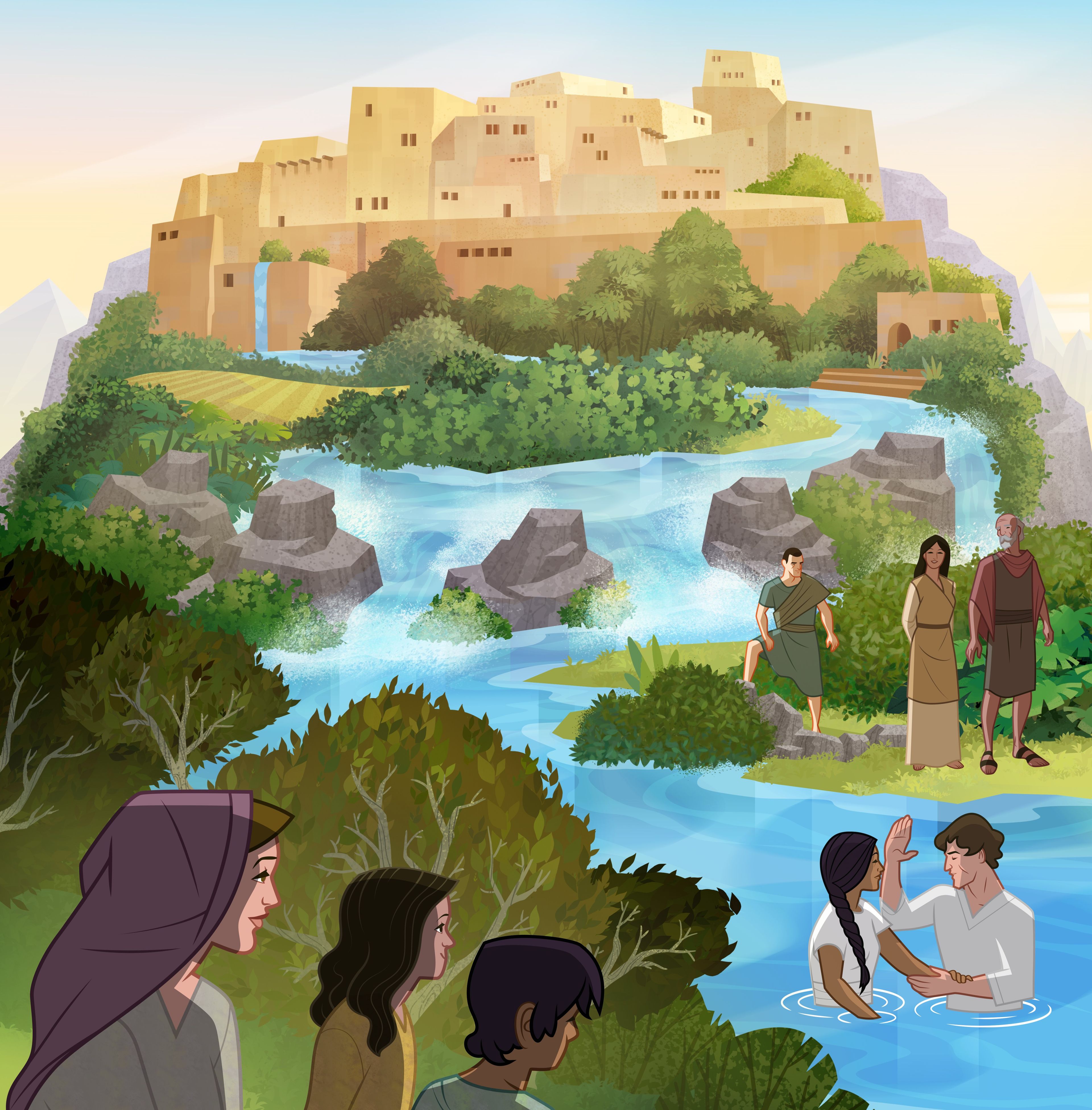 Illustration of Enoch baptizing woman. Moses 7:10–20