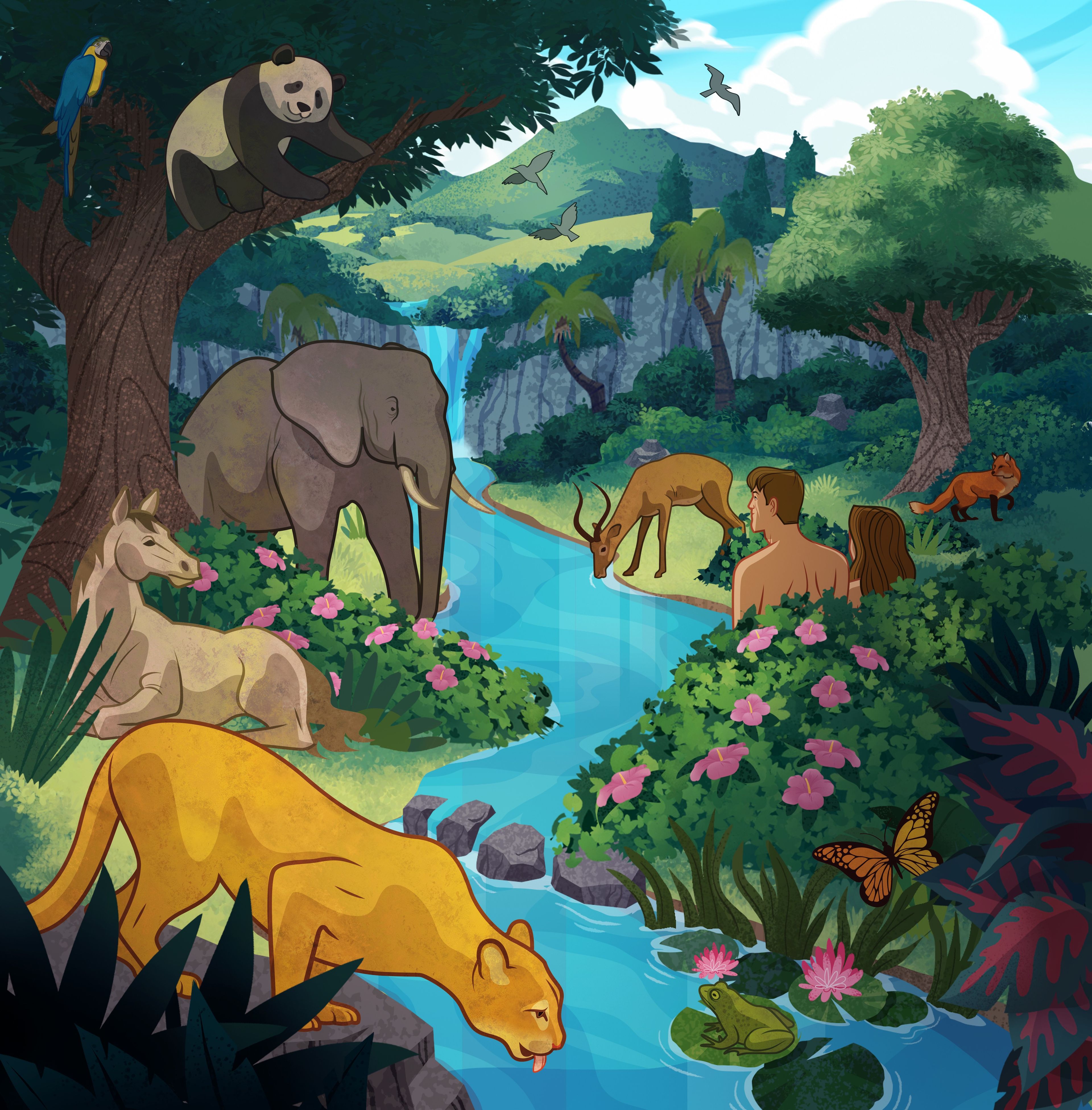 Illustration of Adam and Eve looking at animals. Genesis 2:1–3; Moses 3:1–3; Abraham 5:1–3