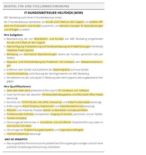 Stellenbeschreibung mit Markierungen