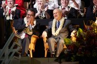 President Édouard Fritch of French Polynesia and President Russell M. Nelson take in the festivities of the 175th anniversary cultural celebration, May 24, 2019, of the Latter-day Saint missionaries coming to Tahiti. 