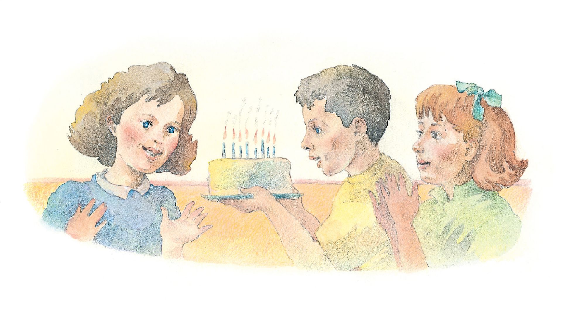 Three children gather together with a cake to celebrate a birthday. From the Children’s Songbook, page 283, “Your Happy Birthday”; watercolor illustration by Richard Hull.