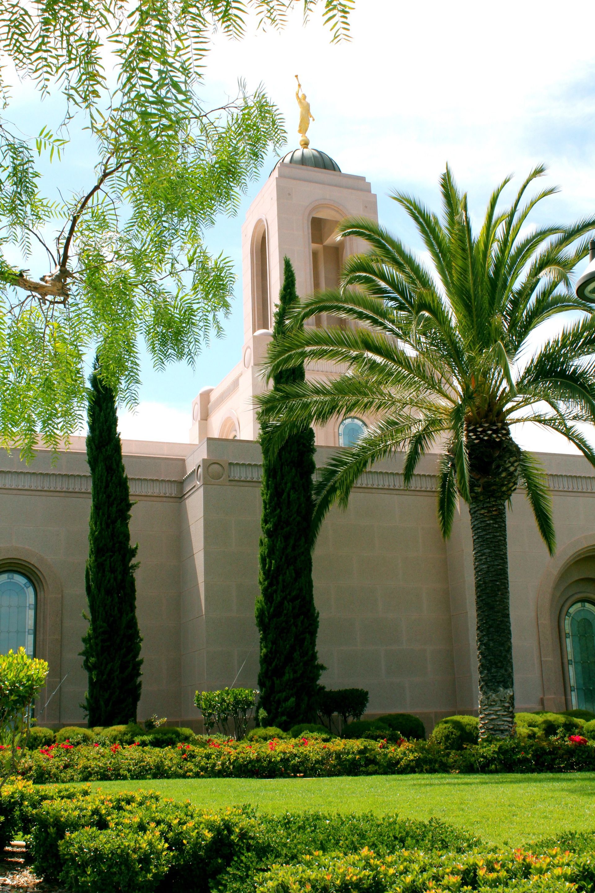 The Newport Beach California Temple exterior, including scenery.
