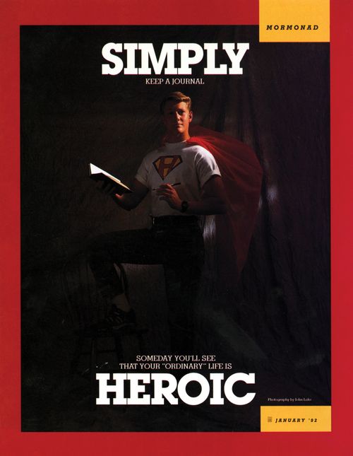 A conceptual photograph of a young man in a hero shirt and cape writing in his journal, with the word “Simply” emphasized at the top and the word “Heroic” at the bottom.
