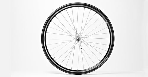 A bicycle wheel photographed against a white background.