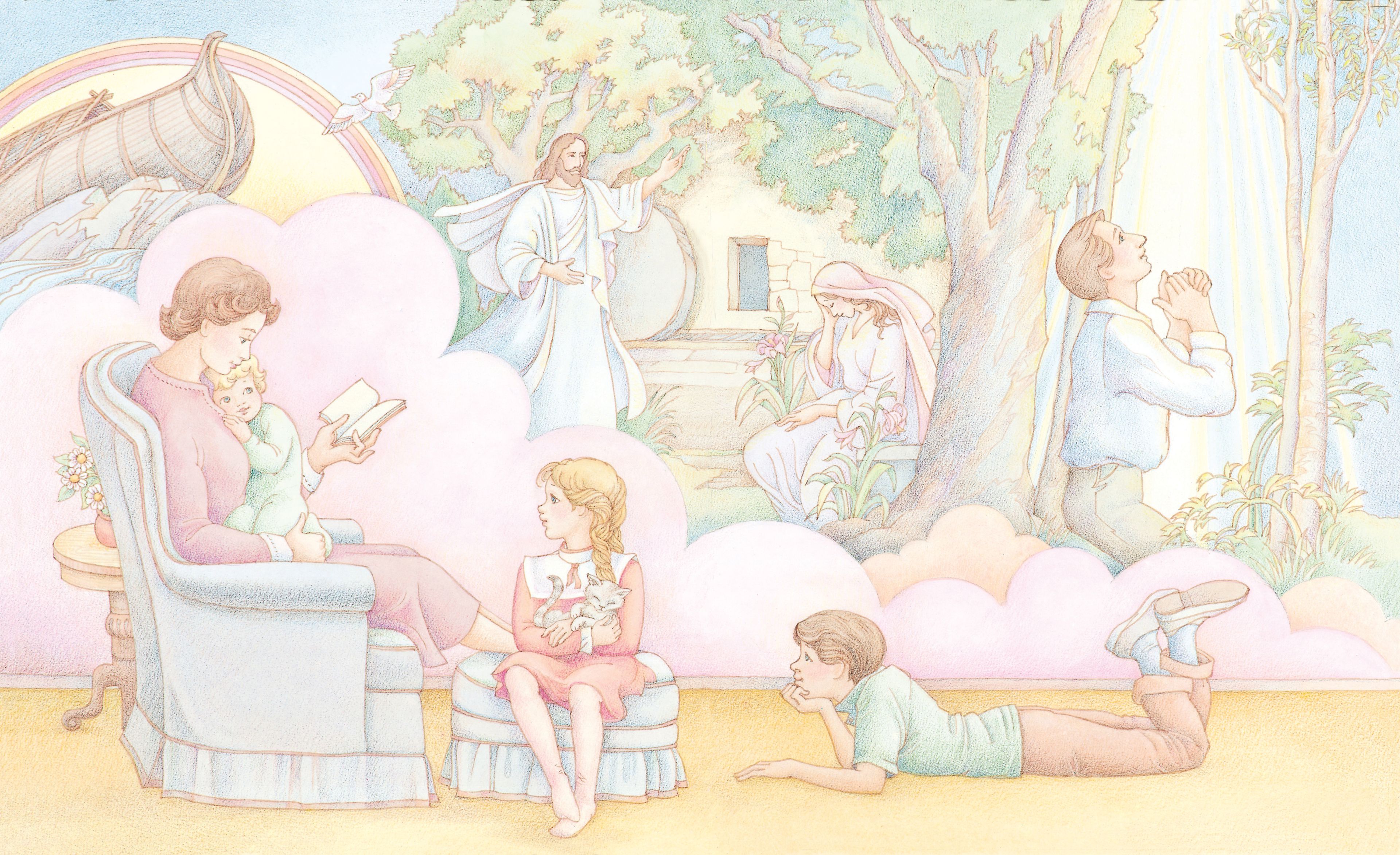 Children imagining the scripture stories that their mother is reading to them. From the section “The Gospel” in the Children’s Songbook, pages 84–85; watercolor illustration by Phyllis Luch.