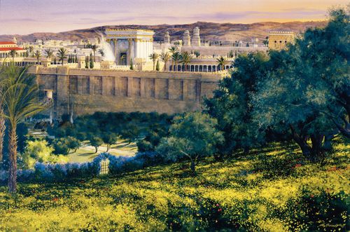 The Old City of Jerusalem (in present day Israel) depicted as it would have appeared in Palestine during the lifetime of Jesus Christ. The Temple of Herod, the walls around the city and the Antonia Fortress are portrayed. The city is viewed from a hillside covered with wildflowers and olive trees. The Garden of Gethsemane is on the hillside. The angle of view is from the Garden of Gethsemane looking toward the City of Jerusalem.