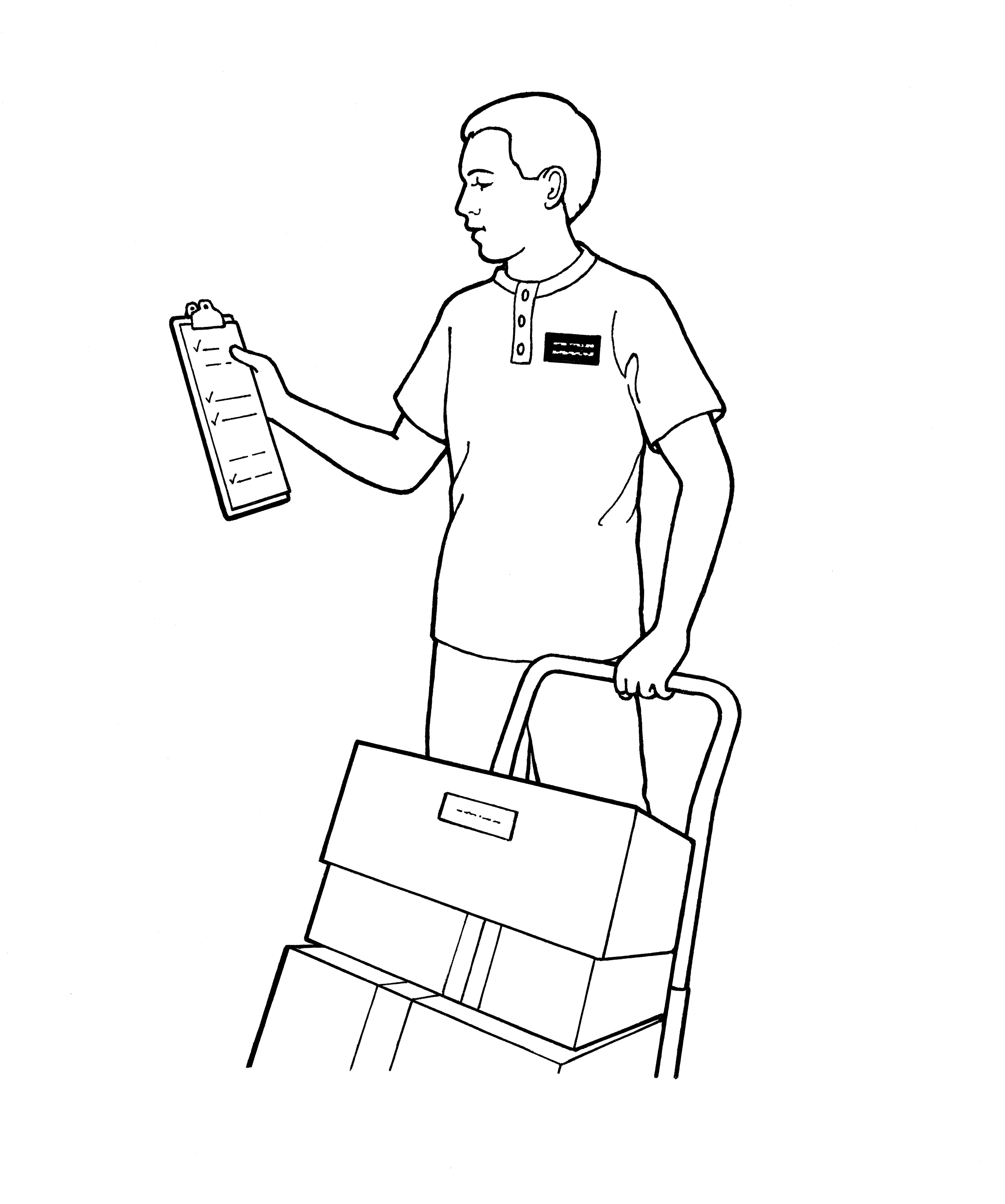 An illustration of a Church-service missionary working with boxes and a clipboard.