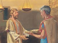 Nephi handing plates to Jacob