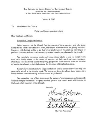 First Presidency Temple Ordinances Letter