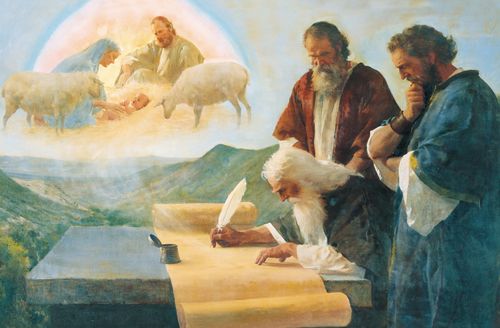 Two men observing the prophet Isaiah, who is writing on a long scroll while envisioning the Nativity scene.