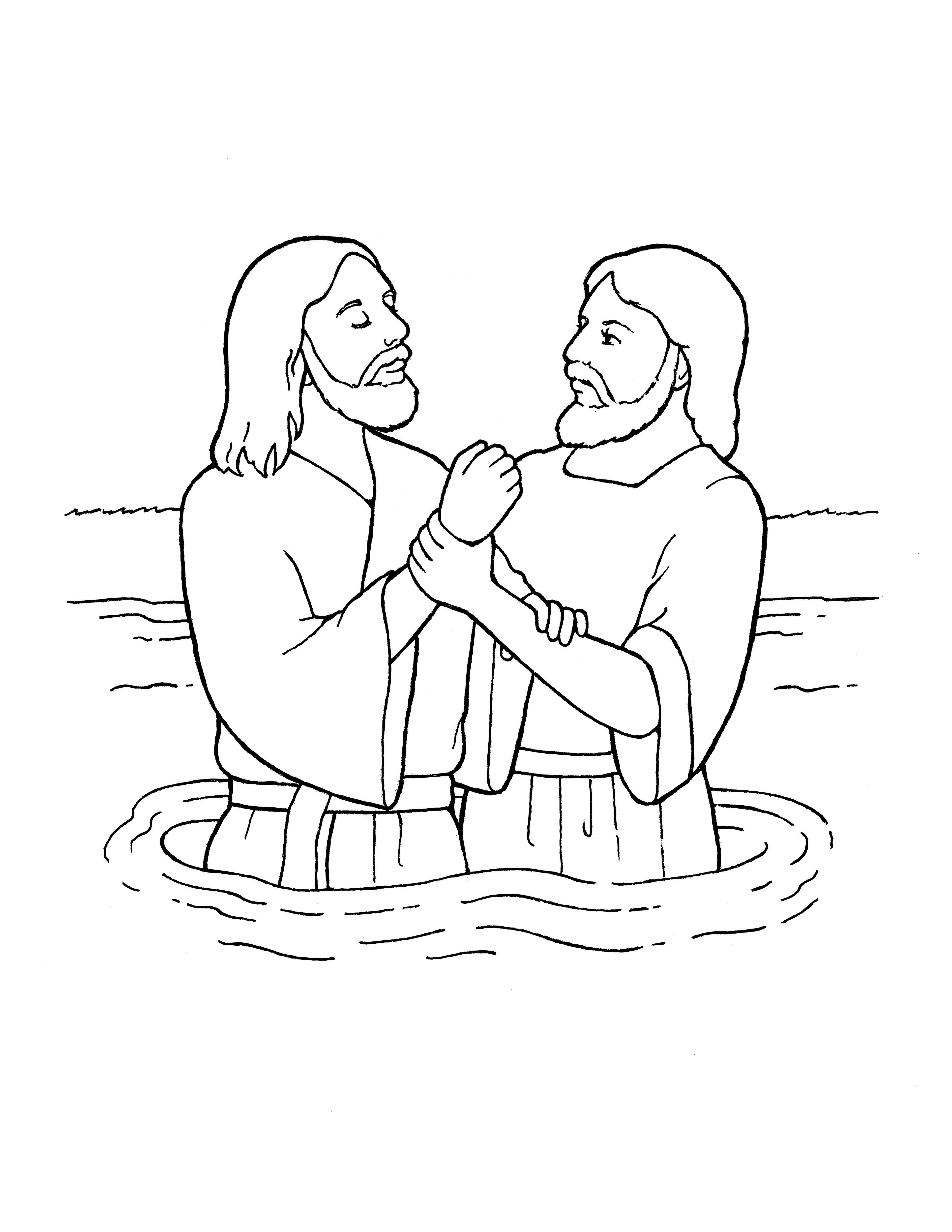An illustration of John the Baptist baptizing Jesus Christ, from the nursery manual Behold Your Little Ones (2008), page 103.