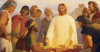 Christus en mensen in Amerika kijken naar gouden platen