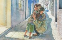 illustration of a young Italian girl hugging a sister missionary.