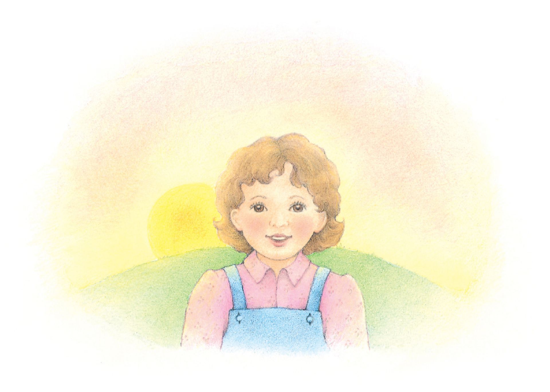 A smiling girl standing in front of a sunrise. From the Children’s Songbook, page 144, “Shine On”; watercolor illustration by Beth Whittaker.
