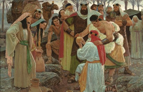 family of Lehi gathered around the Liahona