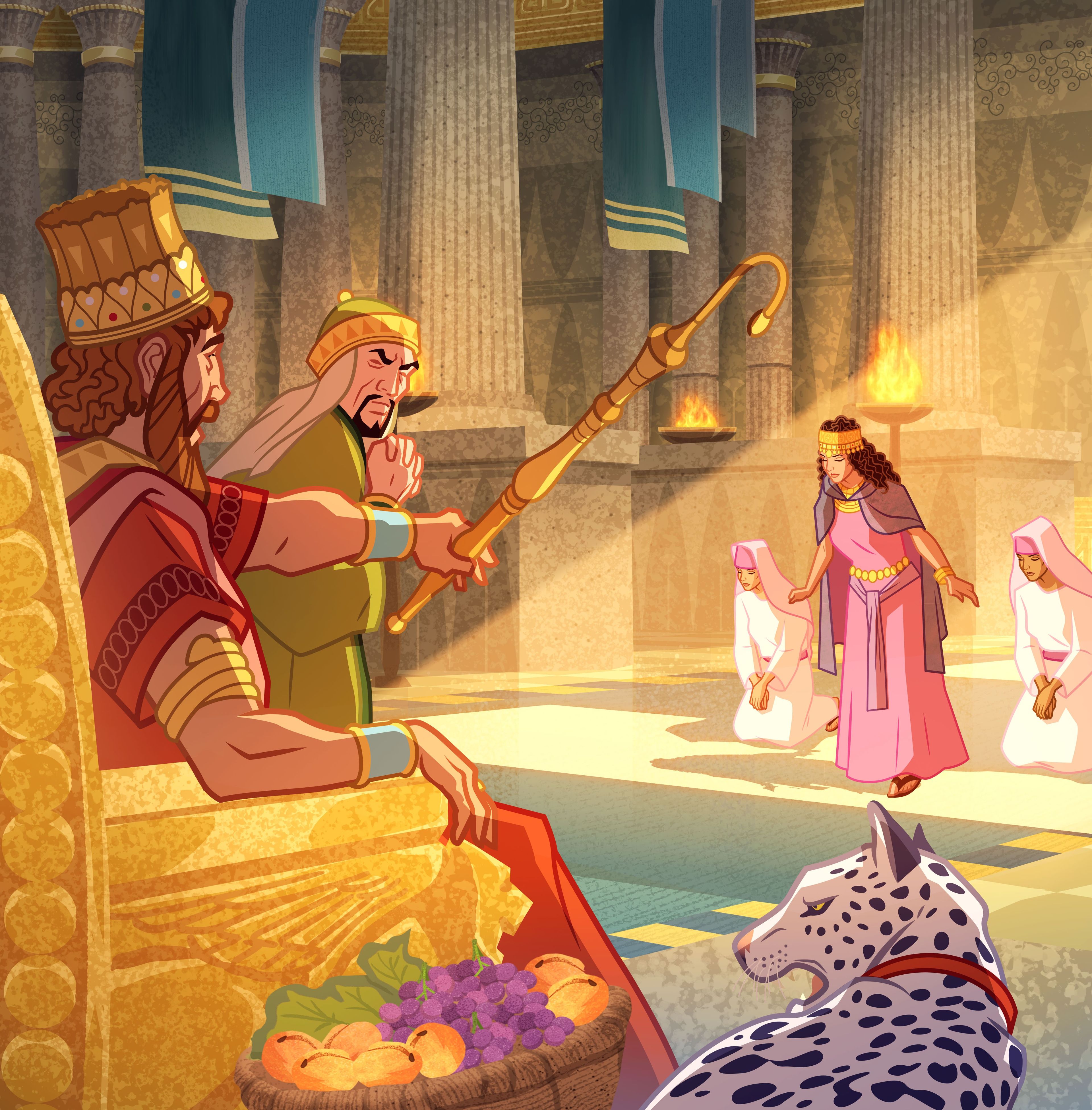 Gravura de Ester se curvando diante do rei. 
Ester 5:2–3; 7:4–6