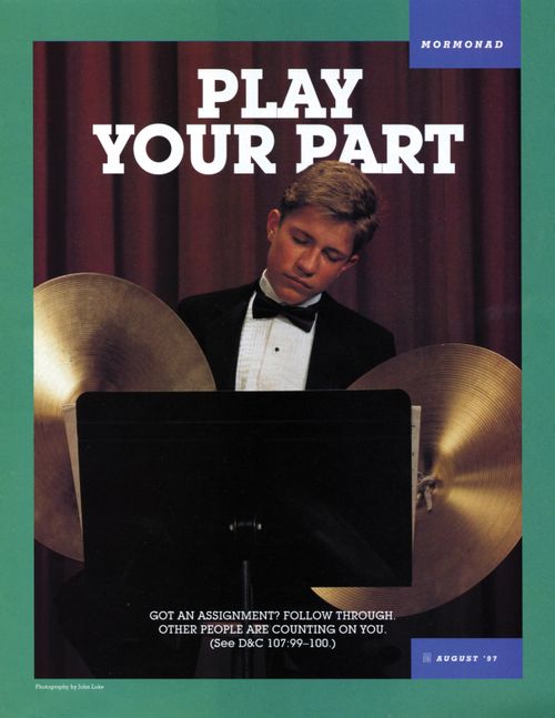 A poster showing a young man in a band holding a pair of cymbals and falling asleep, paired with the words “Play Your Part.”