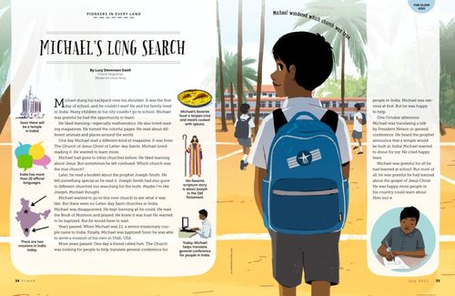 Story with illustration of a boy wearing a backpack