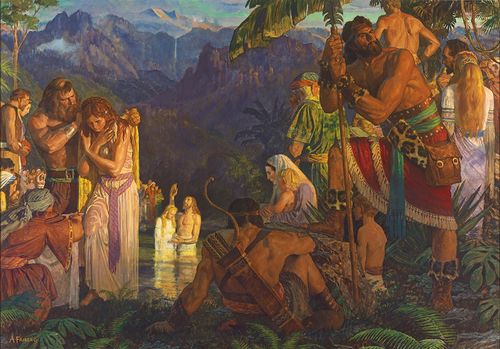 The Book of Mormon prophet Alma baptizing Nephite converts in the Waters of Mormon. Other men and women are watching or waiting to be baptized. There are trees and mountains in the background. Scriptural reference: Mosiah 18:5-16