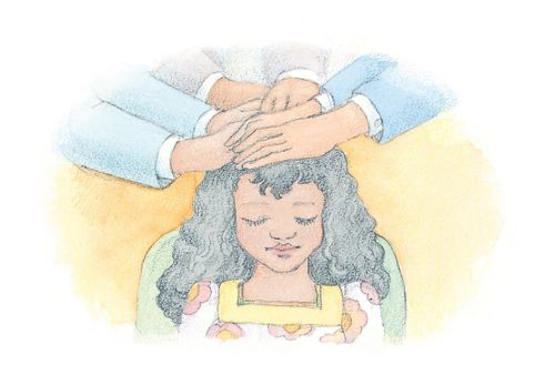 A watercolor illustration of a girl sitting in a chair, with three pairs of hands laid on her head, confirming her a member of the Church.