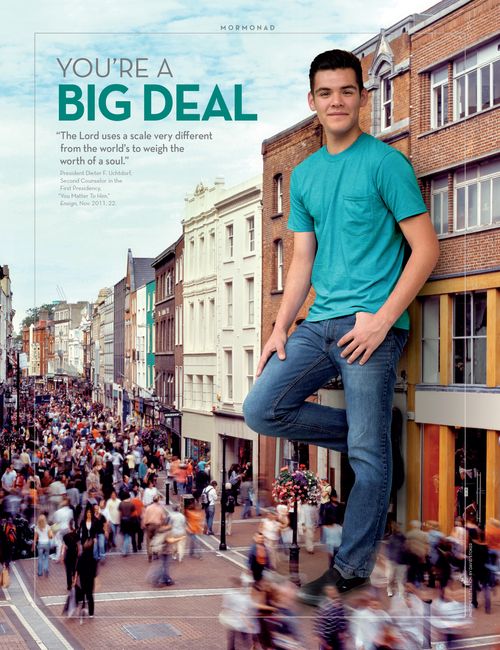 An image of a young man standing as tall as the buildings around him, combined with the words “You’re a Big Deal.”