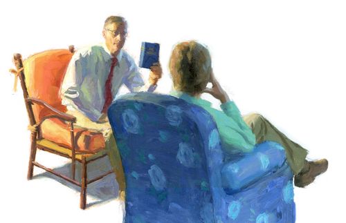 Illustration depicting a man holding up a copy of the Book of Mormon and showing it to another man.