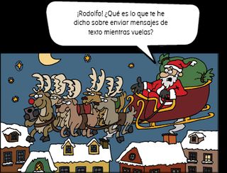 Papá Noel [Santa Claus o San Nicolás] volando en un trineo con renos