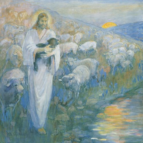 A painting by Minerva K. Teichert of Christ as a shepherd, holding a black sheep, with white sheep following behind.