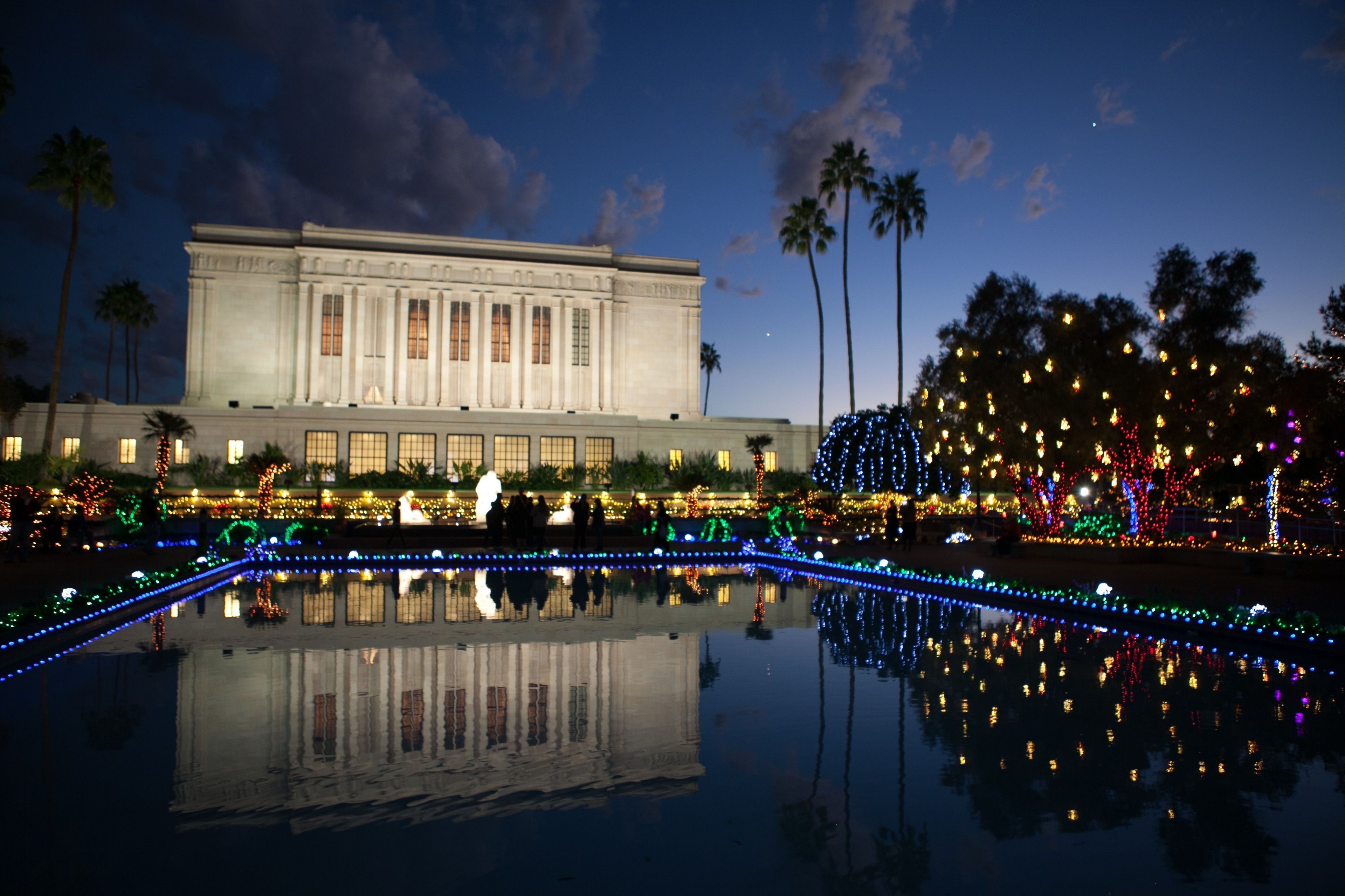 The Mesa Arizona Temple and grounds decorated for Christmas.