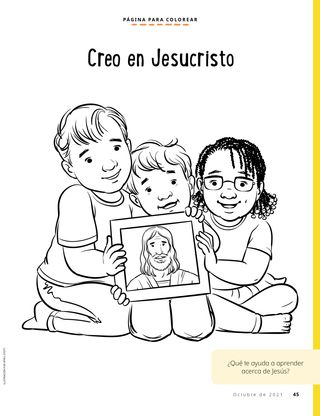 coloring page of children holding picture of Jesus