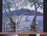 Oil painting in browns, blues and greens of the artist being baptized in the Dhiepper River.  Two men in white at center with large trees in foreground and hazy city across the river in the background under a cloudy sky.  Signed lower right.  N. Krisochenko 1998.