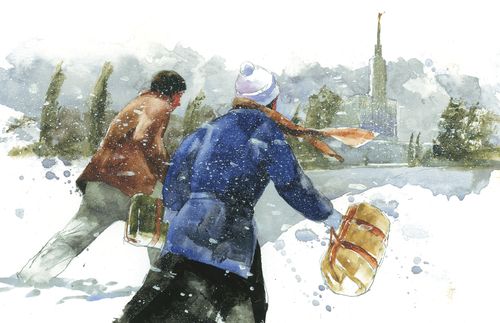 Illustration depicting a couple running towards the temple during a snowstorm.