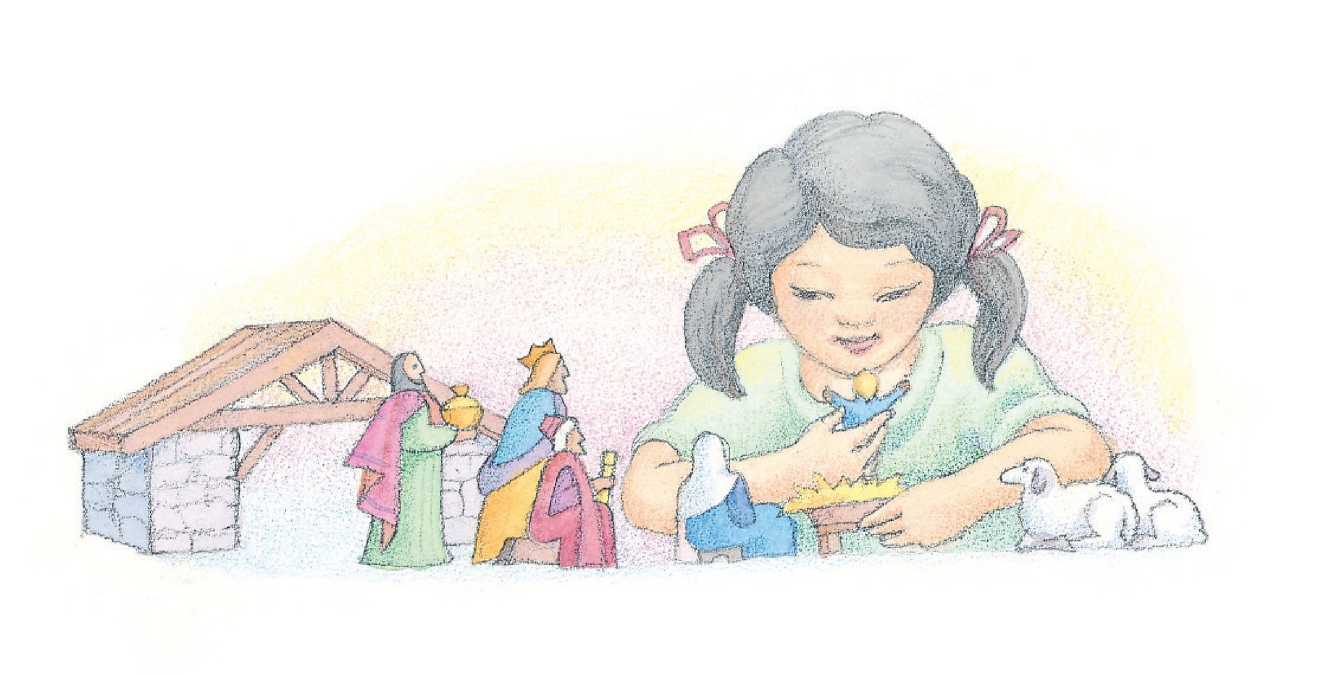 A young girl playing with Nativity scene figurines. From the Children’s Songbook, page 50, “Picture a Christmas”; watercolor illustration by Phyllis Luch.