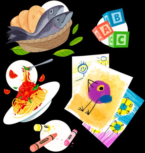 Spot Illustrations 1. Basket of bread and fish 2. School House 3. Bowl of Spaghetti 4. Painting palette 5. Brushes with yellow paint.