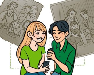 Two youth sharing family photos on phones