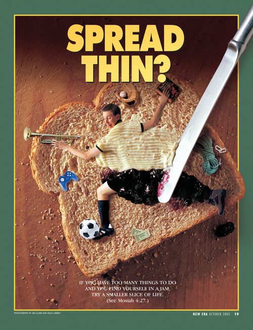 A conceptual photograph showing a young man being spread onto a piece of bread, surrounded by several activities, paired with the words “Spread Thin?”
