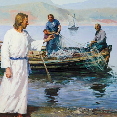 Jesus inviting his disciples, who are fishing
