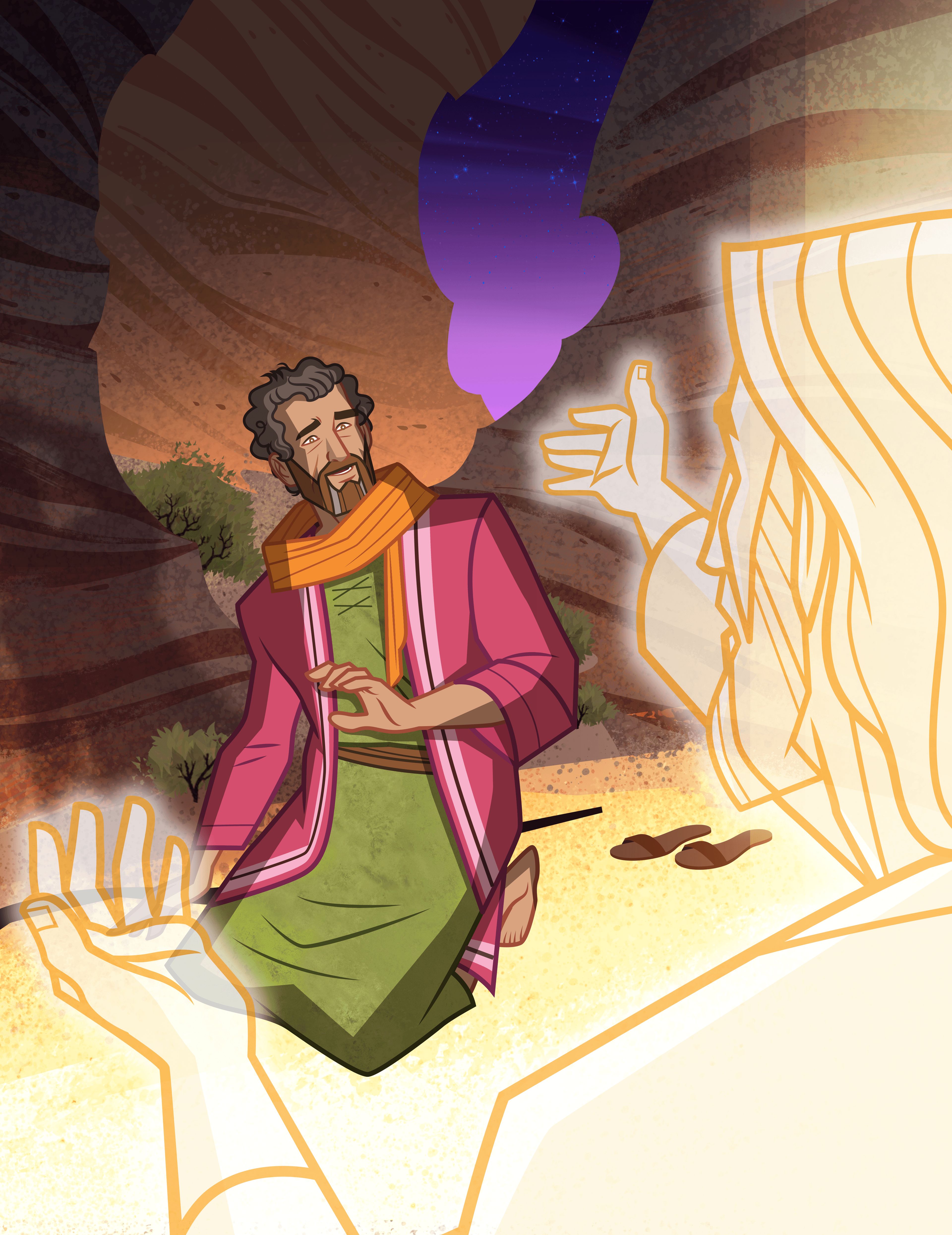 『旧約聖書物語』の表紙絵シナイ山でモーセにみすがたをあらわされるエホバ。