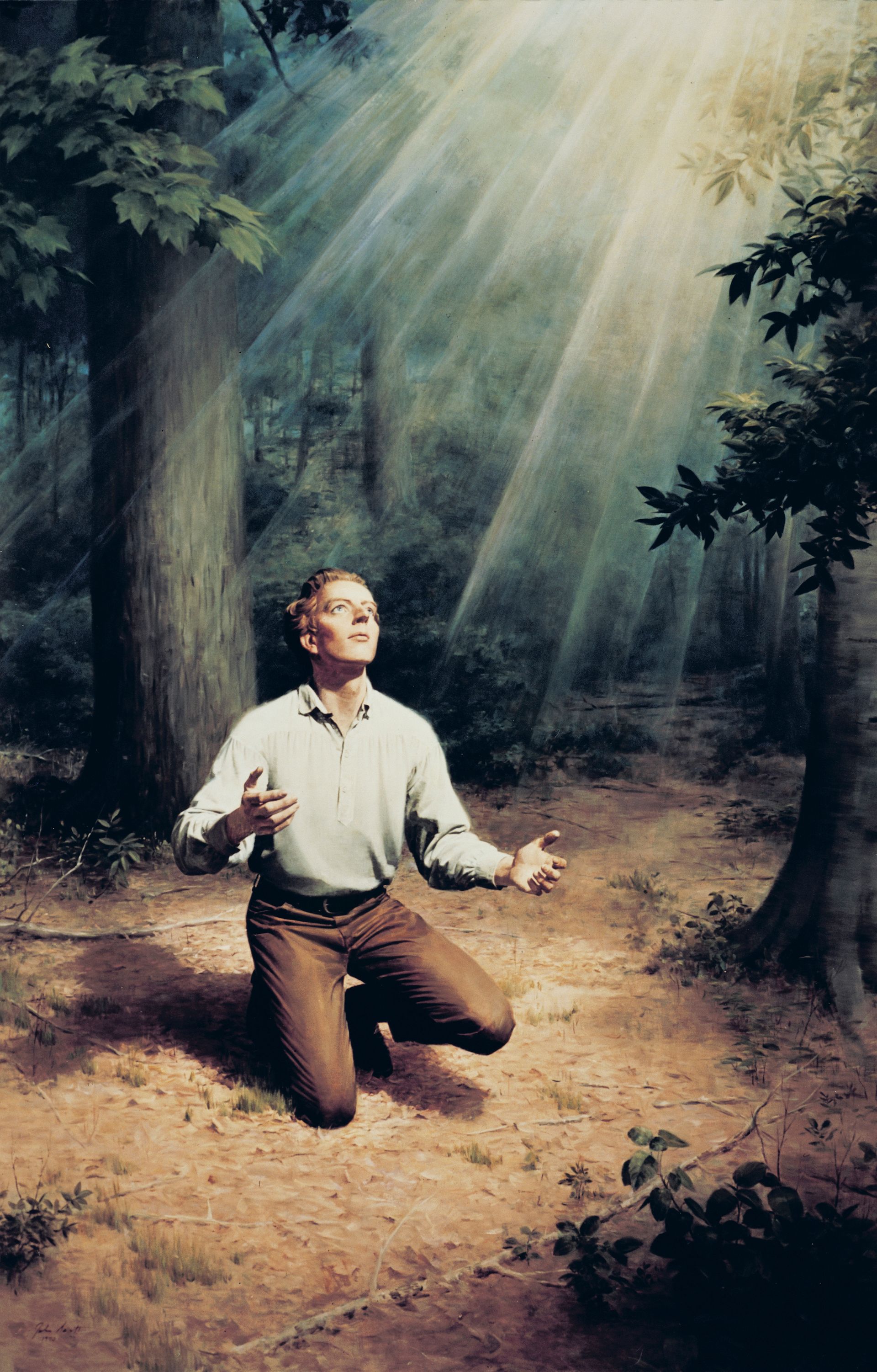 A painting by John Scott showing Joseph Smith praying in the Sacred Grove.