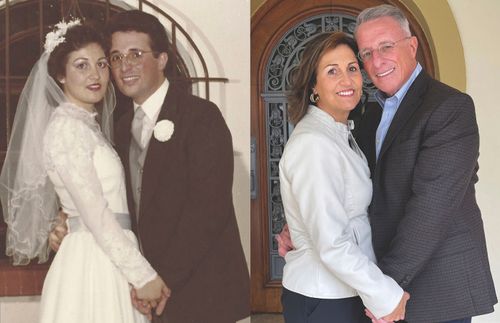 Elder and Sister Soares on their wedding day at the temple with a similar pose by them 40 years later at the same location