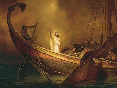 Painting of Christ standing in a boat.  He has His arm raised. There are others in the boat, but the light is shining on Christ.  Depiction of Christ stilling the storm as found in Mark 4:35-41.