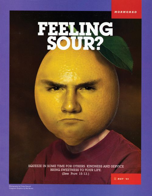 A conceptual photograph of a young man whose head is a yellow lemon with a frown, paired with the words “Feeling Sour?”