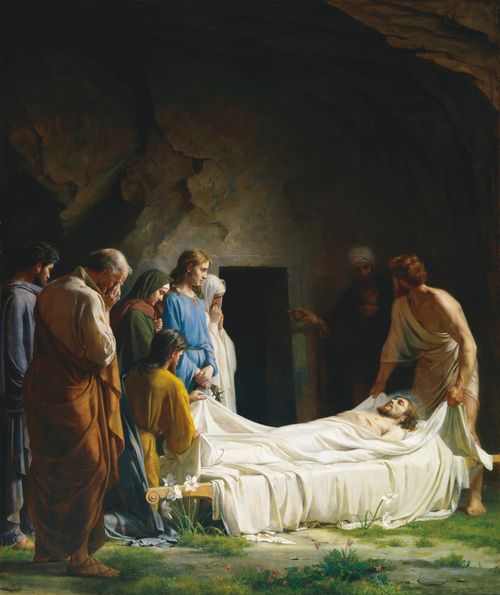 Painting by Carl Bloch - The body of the crucified Christ being wrapped in white burial cloth (presumably by Joseph of Arimathaea and Nicodemus) in preparation for entombment. Several men and women are gathered around the crucified body. They are mourning the crucifixion.