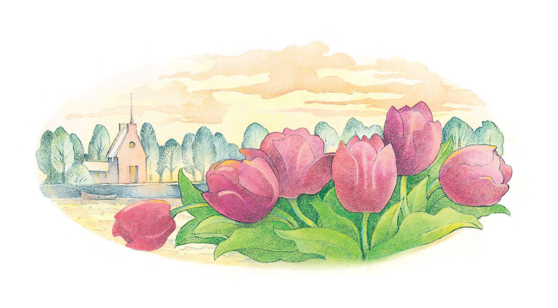 A patch of deep pink tulips with a church in the background. From the Children’s Songbook, page 290, “Each Sunday Morning”; watercolor illustration by Richard Hull.